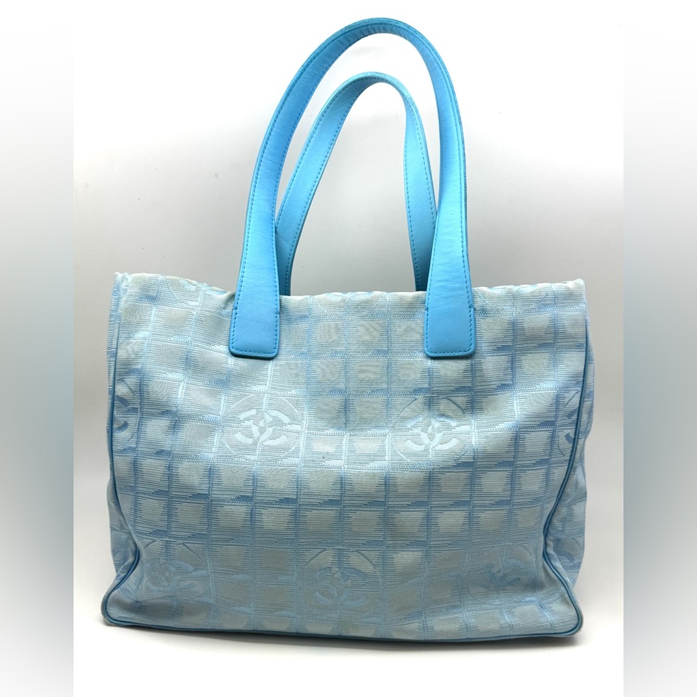 Authentic Women CHANEL Travel Line Tote Bag Blue color Nylon with Leather hands